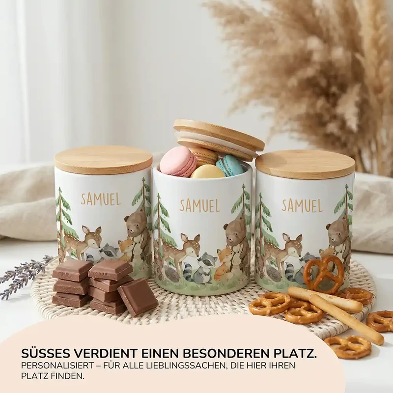 Personalisierte Keksdose Waldfreunde III – Keramik & Bambus mit Wunschname