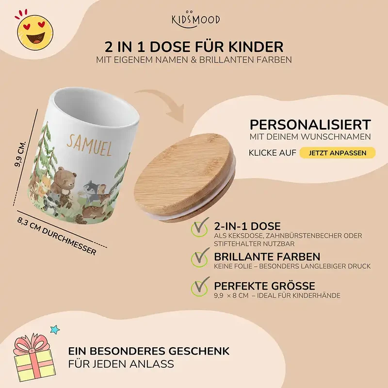 Personalisierte Keksdose Waldfreunde II – Keramik & Bambus mit Wunschname