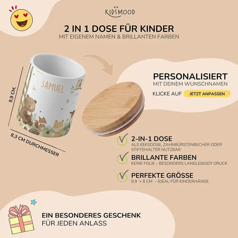 Personalisierte Keksdose Waldfreunde I – Keramik & Bambus mit Wunschname
