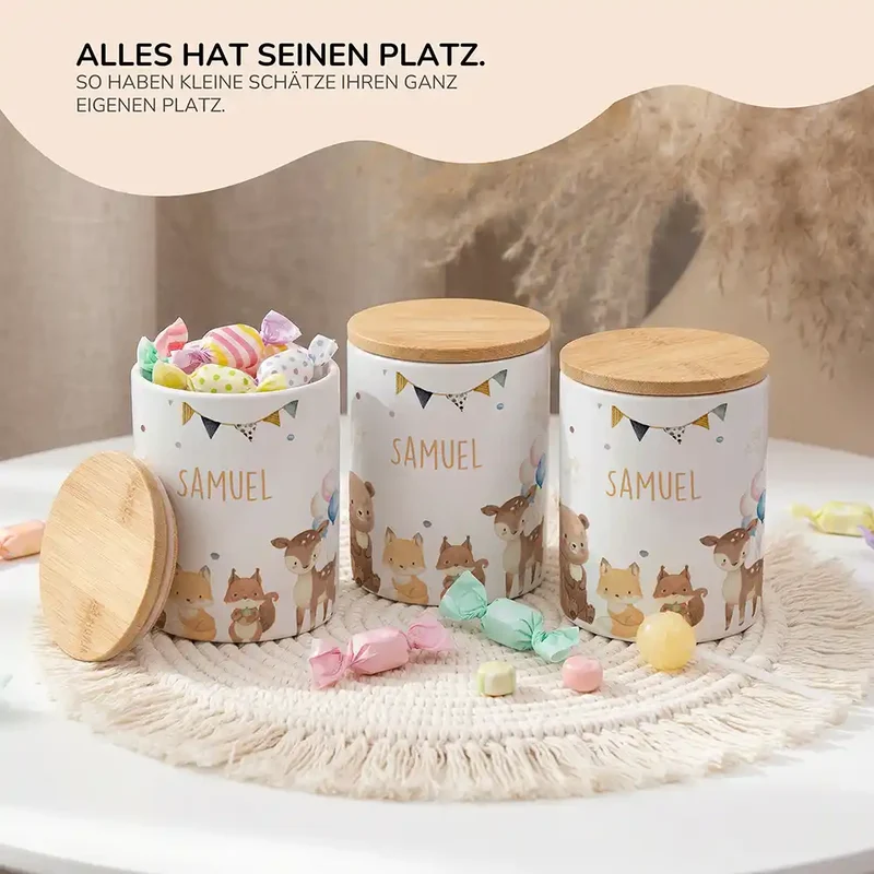 Personalisierte Keksdose Waldtiere Party – Keramik & Bambus mit Wunschname