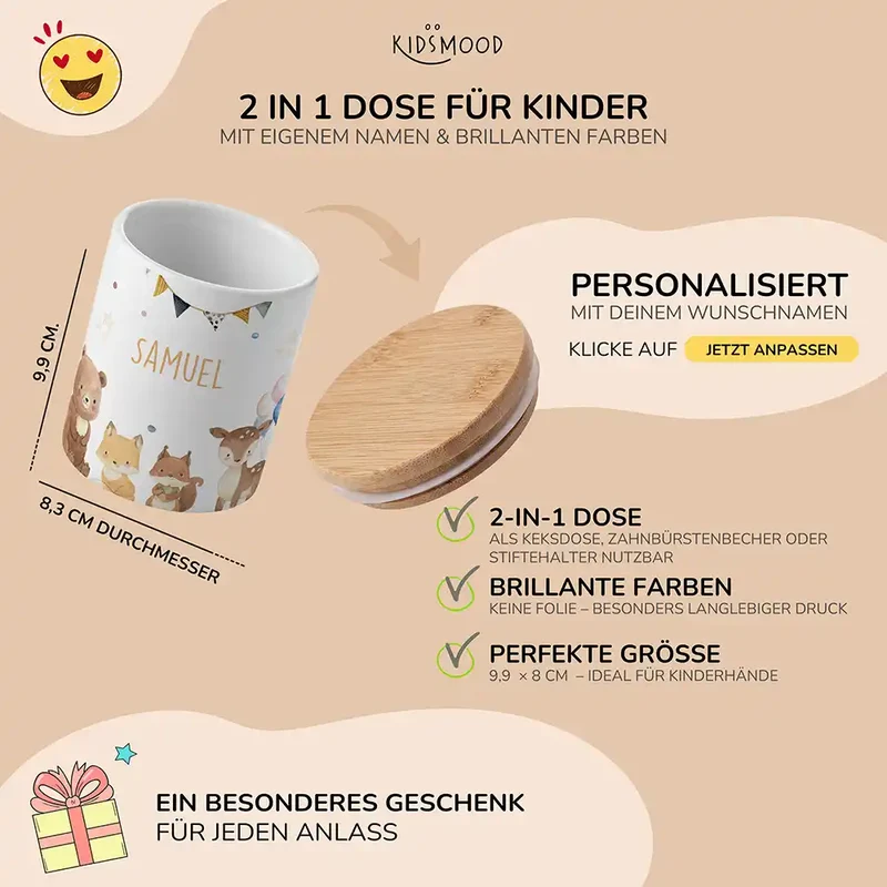 Personalisierte Keksdose Waldtiere Party – Keramik & Bambus mit Wunschname