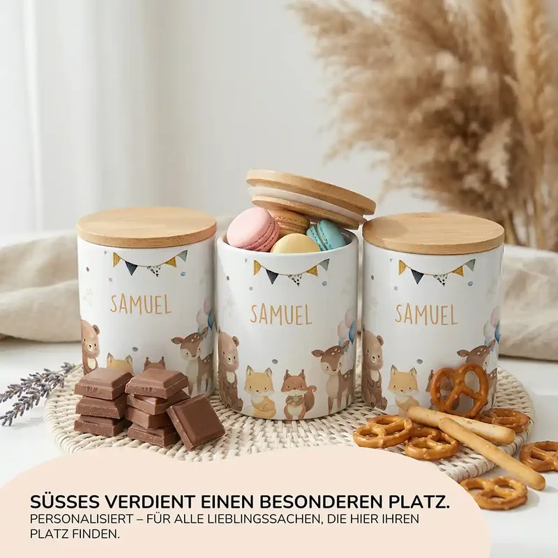 Personalisierte Keksdose Waldtiere Party – Keramik & Bambus mit Wunschname