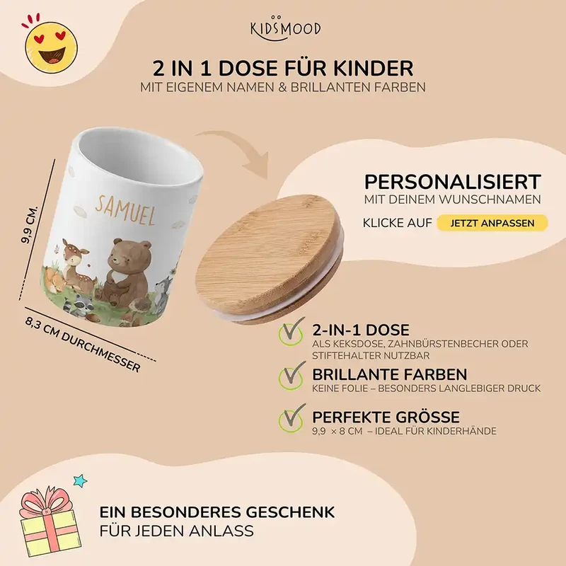 Personalisierte Keksdose Waldfreunde VI – Keramik & Bambus mit Wunschname