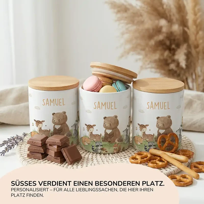 Personalisierte Keksdose Waldfreunde VI – Keramik & Bambus mit Wunschname