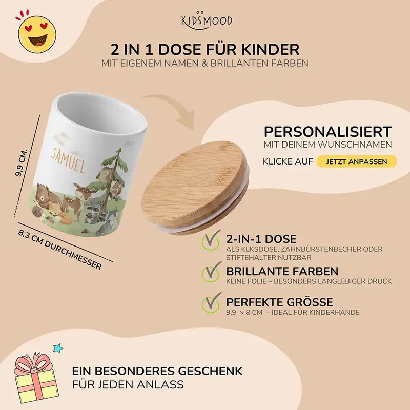 Personalisierte Keksdose Waldszene V – Keramik & Bambus mit Wunschname