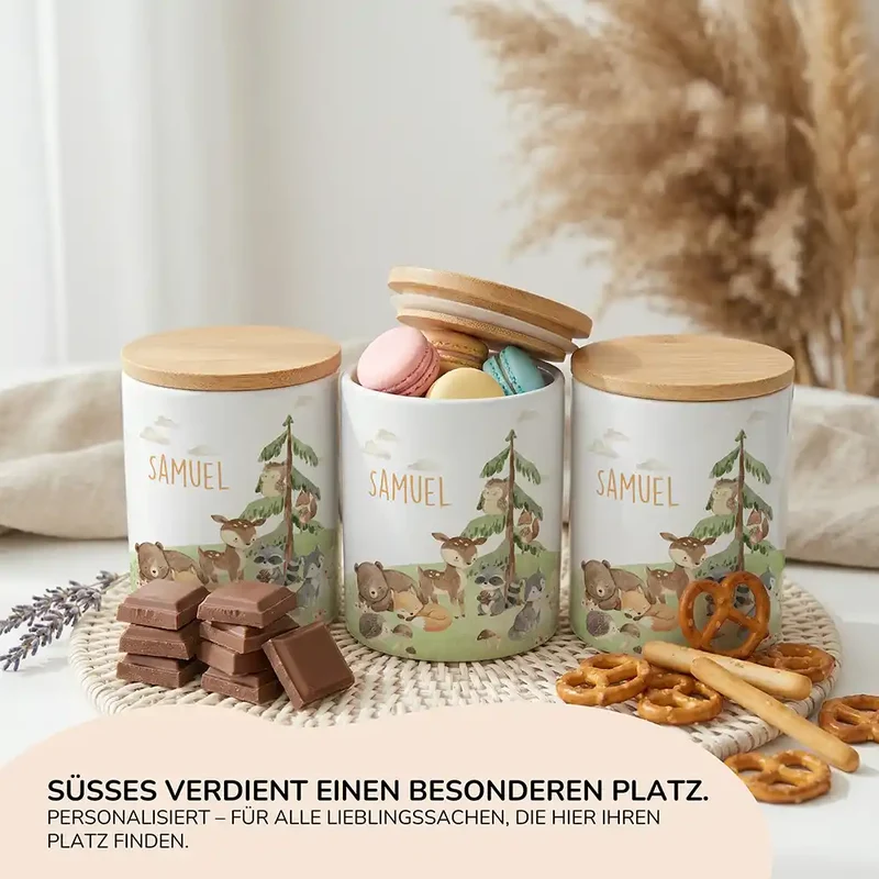 Personalisierte Keksdose Waldszene V – Keramik & Bambus mit Wunschname