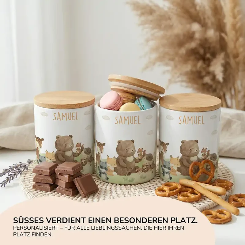 Personalisierte Keksdose Waldfreunde IV – Keramik & Bambus mit Wunschname