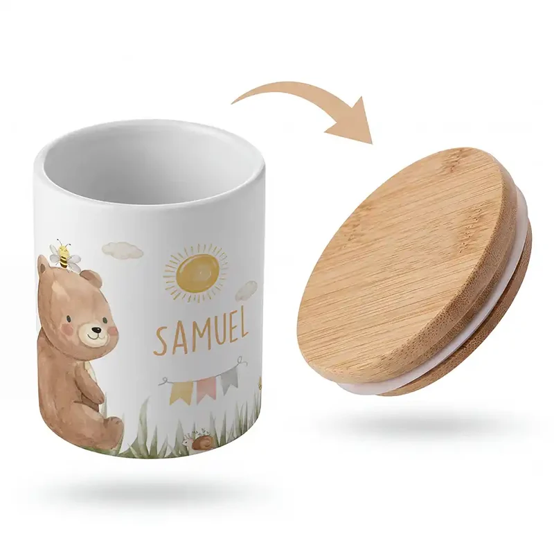 Personalisierte Keksdose Bär Sommer – Keramik & Bambus mit Wunschname