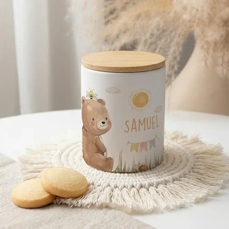 Personalisierte Keksdose Bär Sommer – Keramik & Bambus mit Wunschname