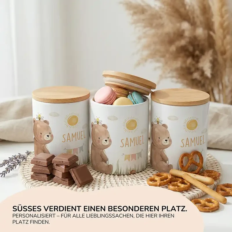 Personalisierte Keksdose Bär Sommer – Keramik & Bambus mit Wunschname
