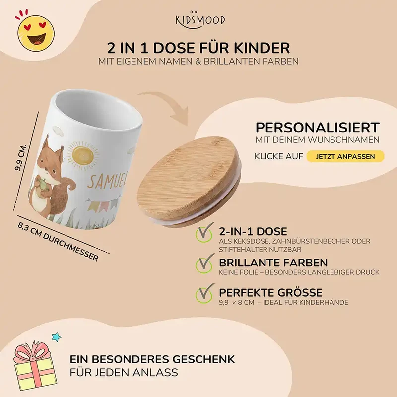 Personalisierte Keksdose Eichhörnchen Sommer – Keramik & Bambus mit Wunschname