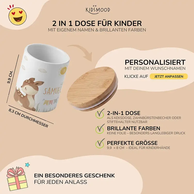 Personalisierte Keksdose Rehkitz Sonne – Keramik & Bambus mit Wunschname