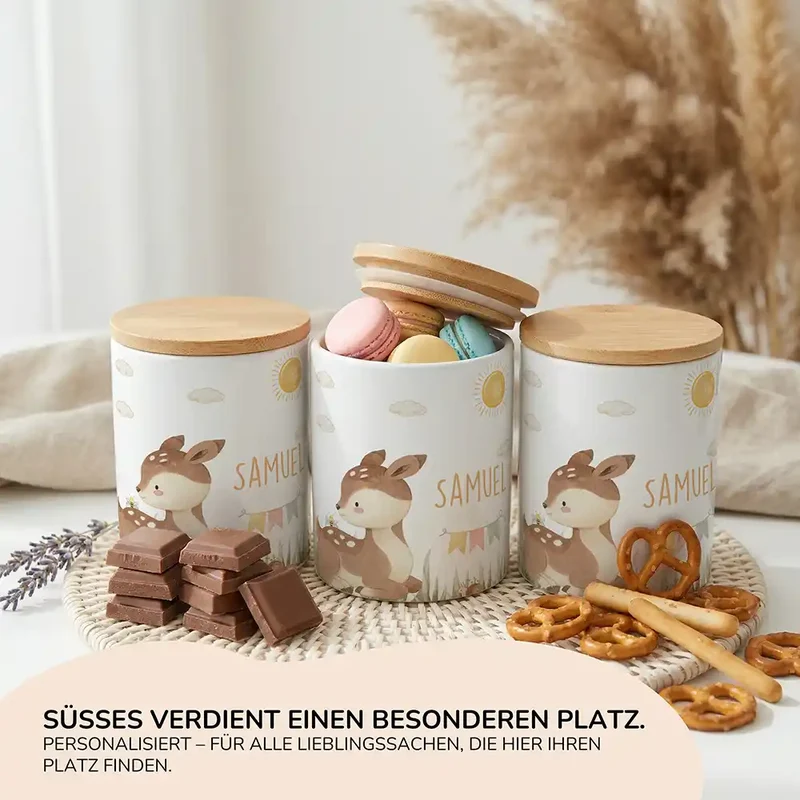 Personalisierte Keksdose Rehkitz Sonne – Keramik & Bambus mit Wunschname