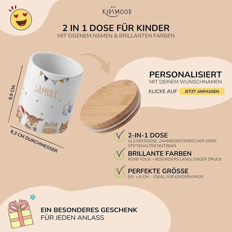 Personalisierte Keksdose Waldtiere Geburtstag – Keramik & Bambus mit Wunschname