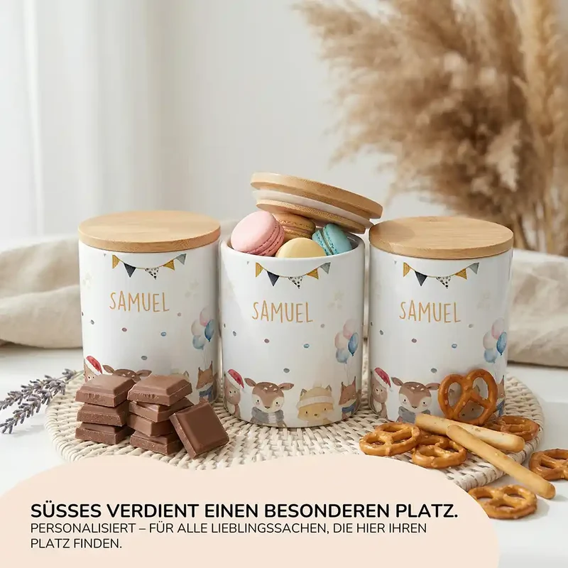 Personalisierte Keksdose Waldtiere Geburtstag – Keramik & Bambus mit Wunschname