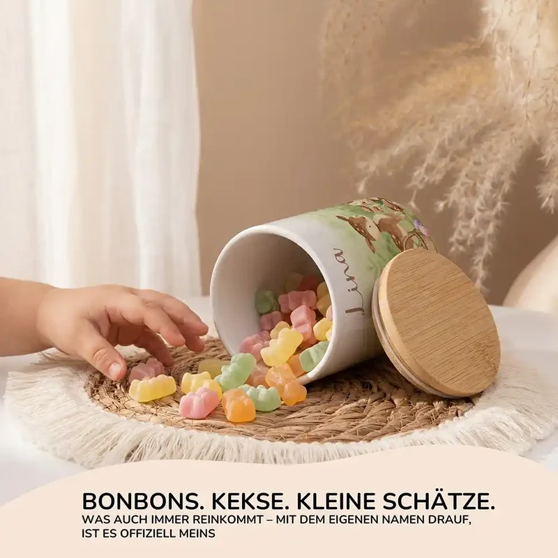 Personalisierte Keksdose Ostern Reh & Fuchs – Keramik & Bambus mit Wunschname