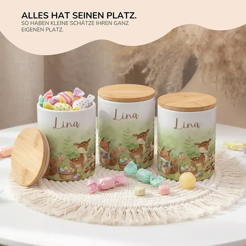 Personalisierte Keksdose Ostern Reh & Fuchs – Keramik & Bambus mit Wunschname