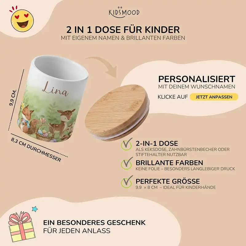 Personalisierte Keksdose Ostern Reh & Fuchs – Keramik & Bambus mit Wunschname