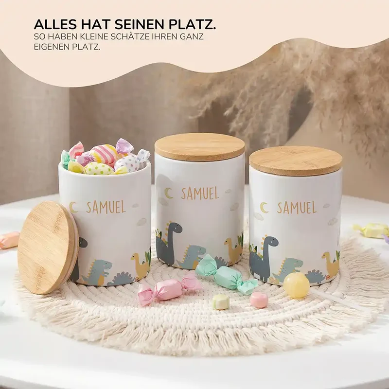 Personalisierte Keksdose Dinosaurier Mond – Keramik & Bambus mit Wunschname