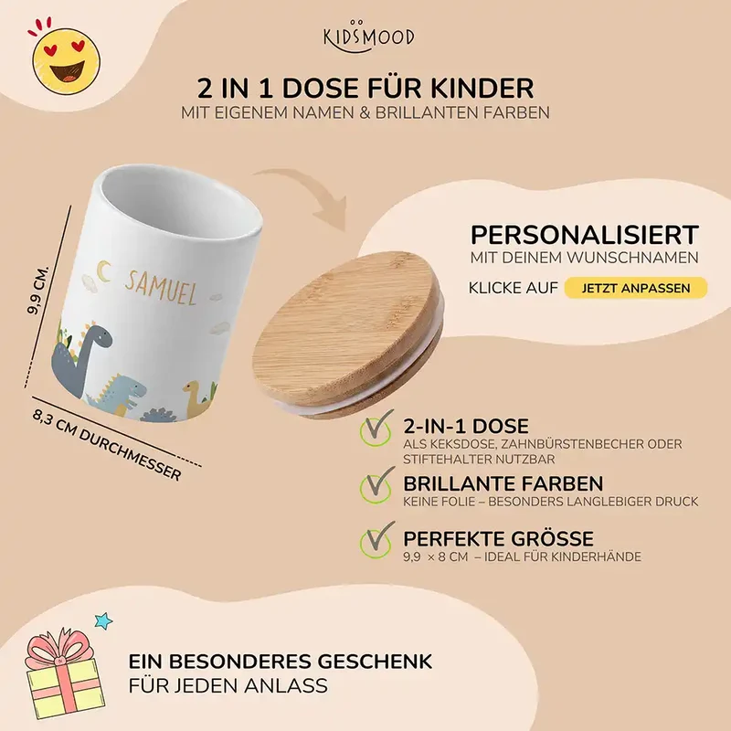 Personalisierte Keksdose Dinosaurier Mond – Keramik & Bambus mit Wunschname