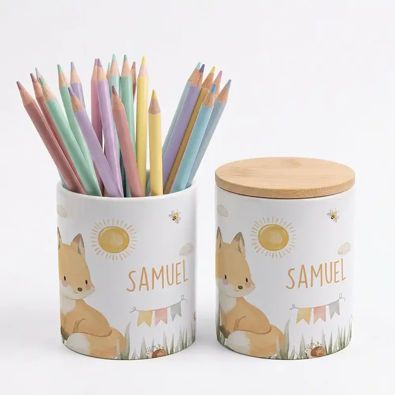 Personalisierte Keksdose Fuchs Sommer – Keramik & Bambus mit Wunschname