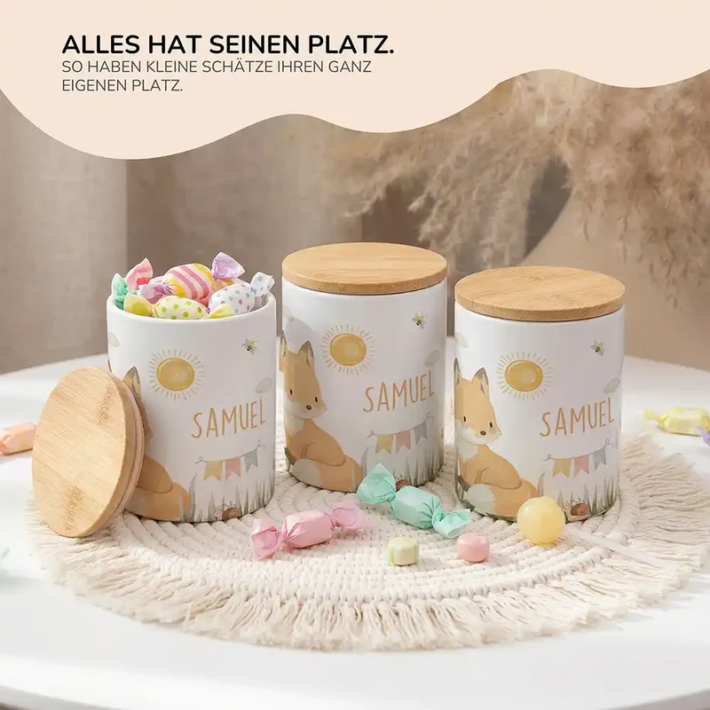 Personalisierte Keksdose Fuchs Sommer – Keramik & Bambus mit Wunschname