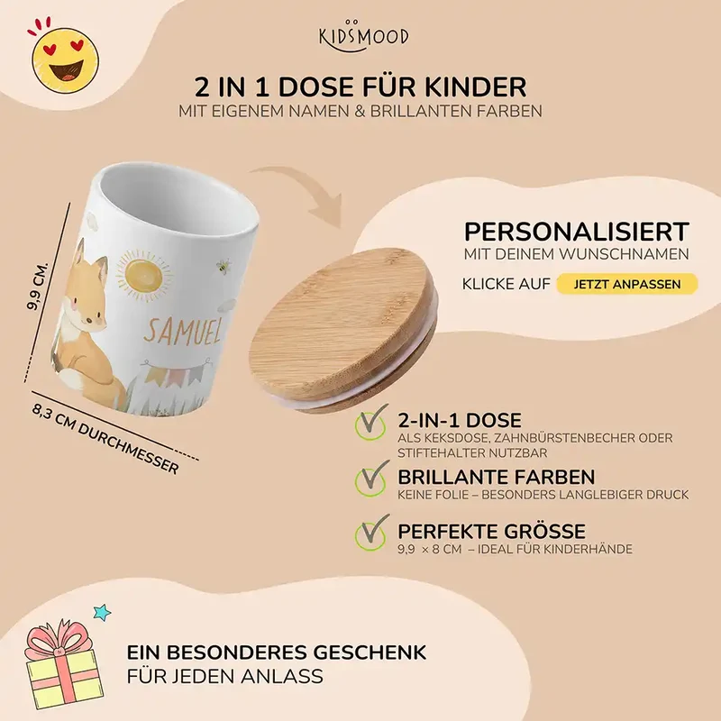 Personalisierte Keksdose Fuchs Sommer – Keramik & Bambus mit Wunschname