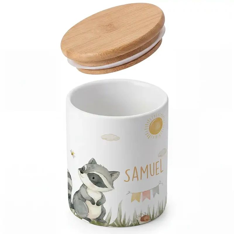 Personalisierte Keksdose Waschbär Sommer – Keramik & Bambus mit Wunschname