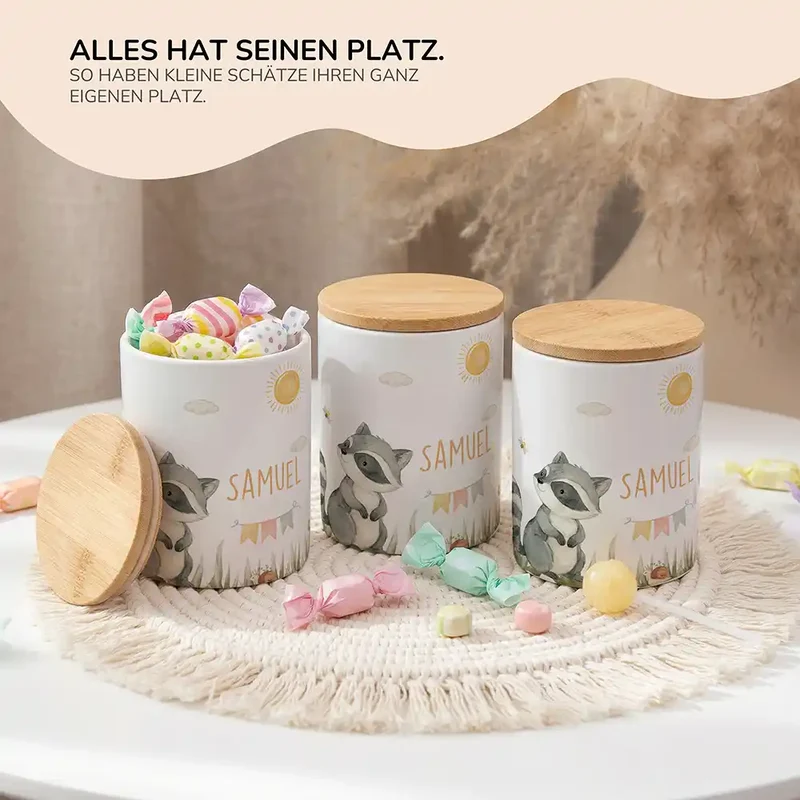 Personalisierte Keksdose Waschbär Sommer – Keramik & Bambus mit Wunschname