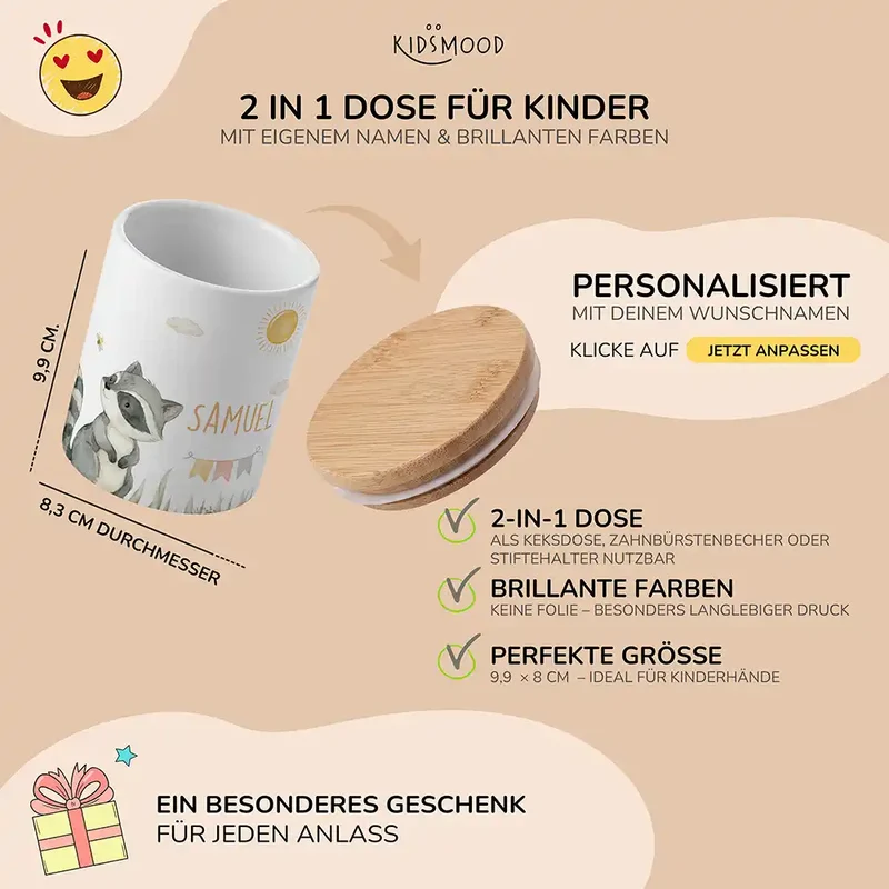 Personalisierte Keksdose Waschbär Sommer – Keramik & Bambus mit Wunschname