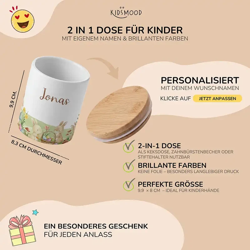 Personalisierte Keksdose Ostern Hasen – Keramik & Bambus mit Wunschname