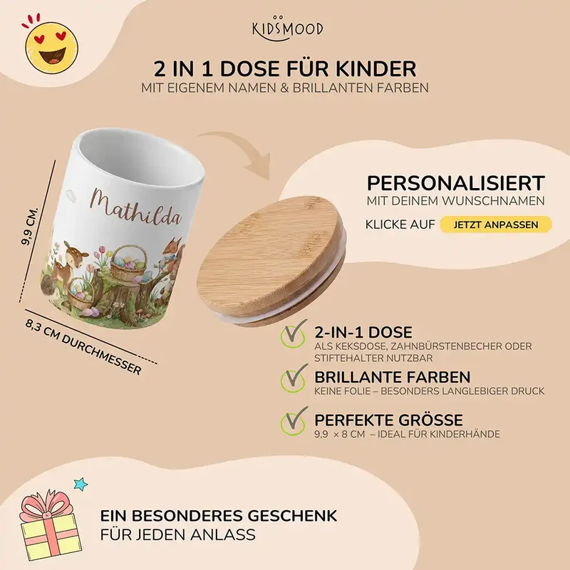 Personalisierte Keksdose Ostern Rehkitz – Keramik & Bambus mit Wunschname
