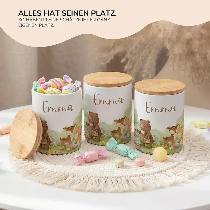Personalisierte Keksdose Ostern Bärenfamilie – Keramik & Bambus mit Wunschname