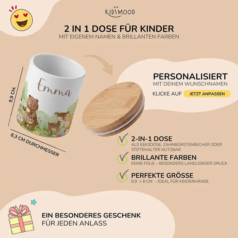 Personalisierte Keksdose Ostern Bärenfamilie – Keramik & Bambus mit Wunschname