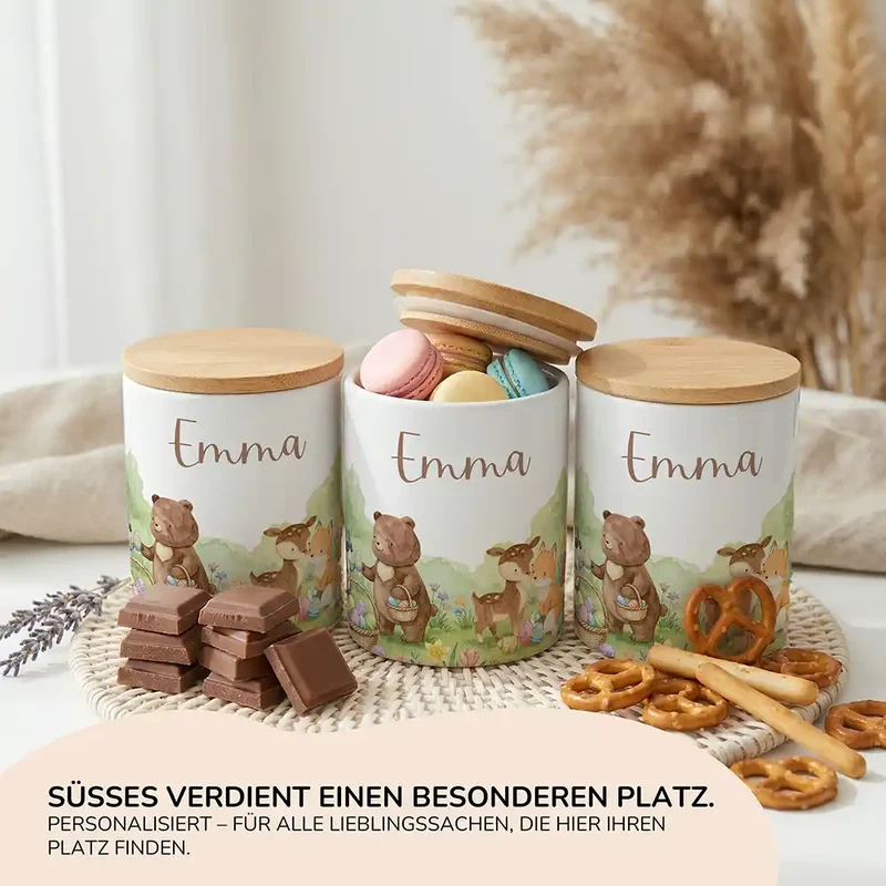 Personalisierte Keksdose Ostern Bärenfamilie – Keramik & Bambus mit Wunschname