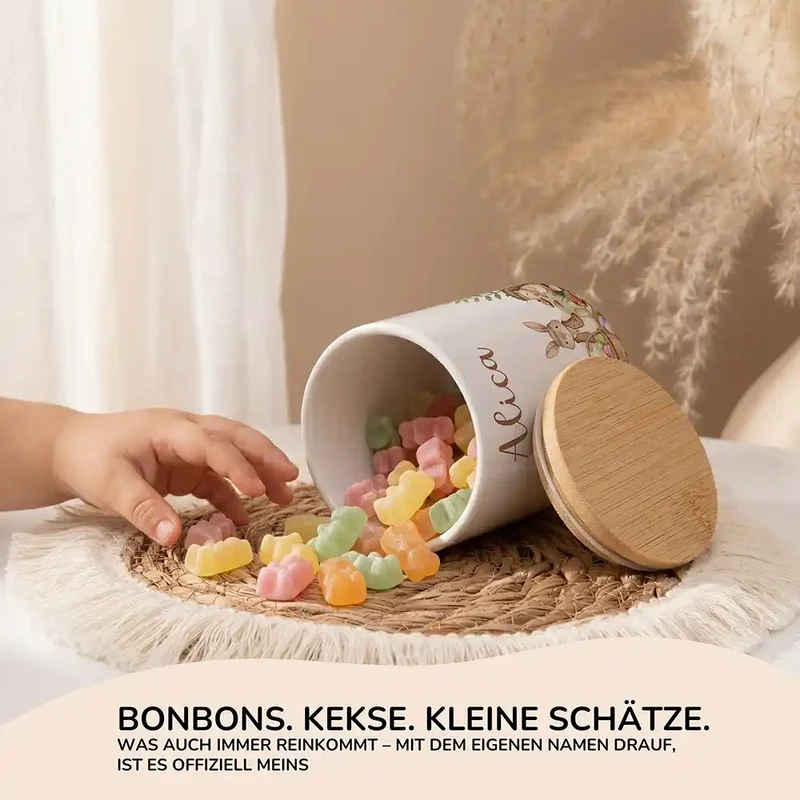 Personalisierte Keksdose Ostern Waldtiere-Treff – Keramik & Bambus mit Wunschname