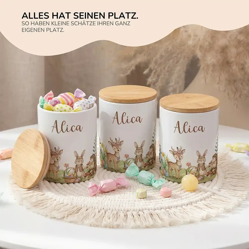Personalisierte Keksdose Ostern Waldtiere-Treff – Keramik & Bambus mit Wunschname