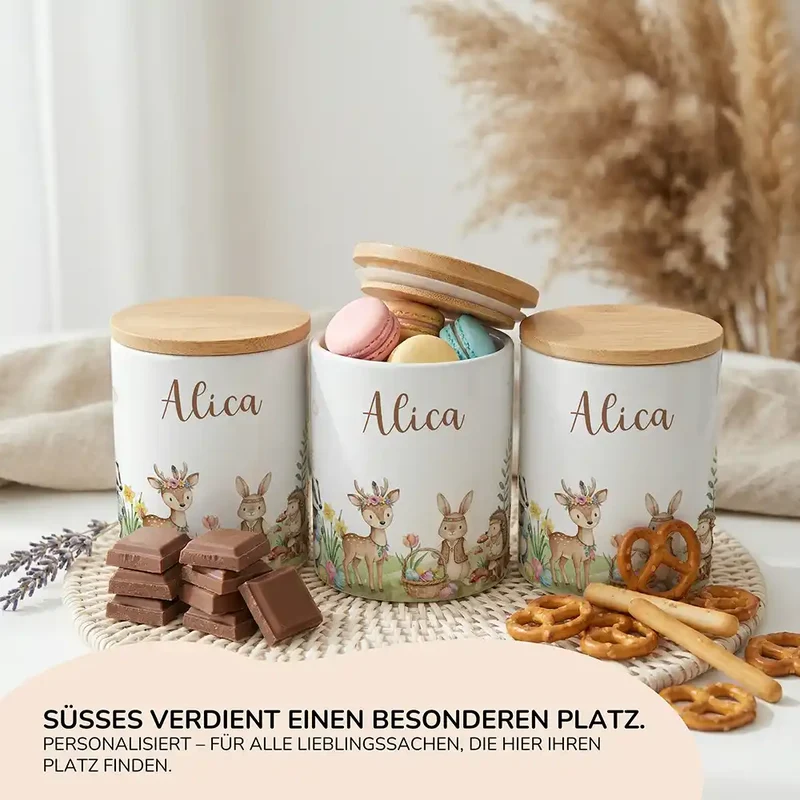 Personalisierte Keksdose Ostern Waldtiere-Treff – Keramik & Bambus mit Wunschname
