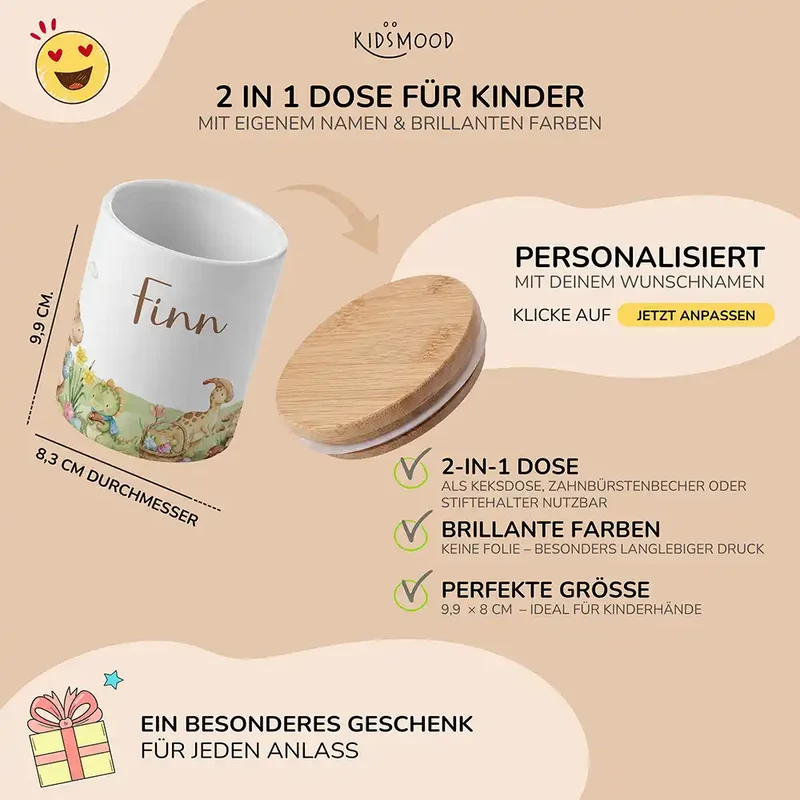 Personalisierte Keksdose Dinos Ostern – Keramik & Bambus mit Wunschname