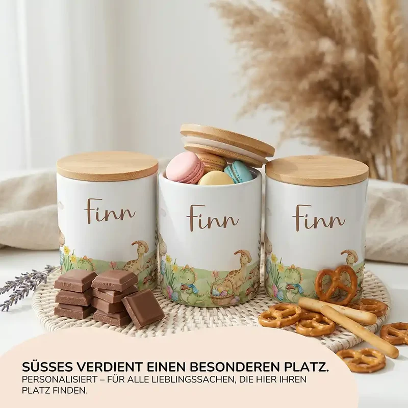 Personalisierte Keksdose Dinos Ostern – Keramik & Bambus mit Wunschname