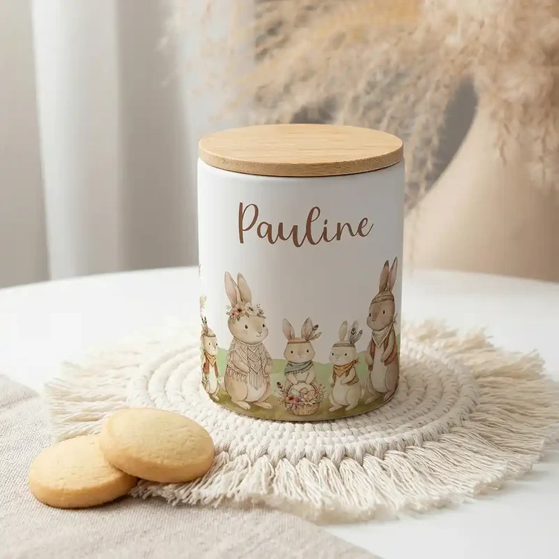 Personalisierte Keksdose Boho-Hasen – Keramik & Bambus mit Wunschname