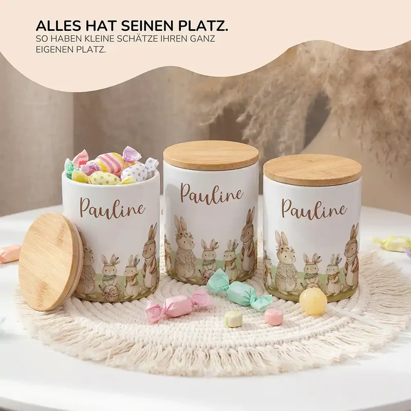 Personalisierte Keksdose Boho-Hasen – Keramik & Bambus mit Wunschname