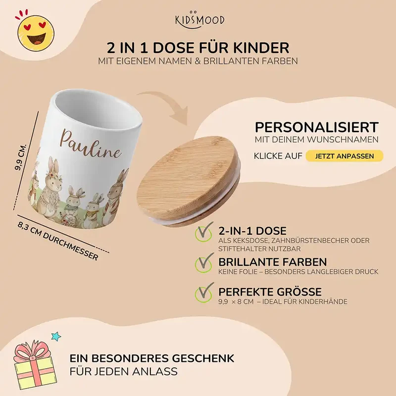 Personalisierte Keksdose Boho-Hasen – Keramik & Bambus mit Wunschname
