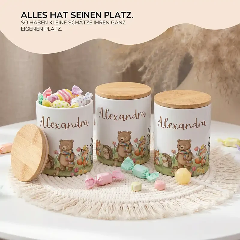 Personalisierte Keksdose Herbst-Waldtiere – Keramik & Bambus mit Wunschname