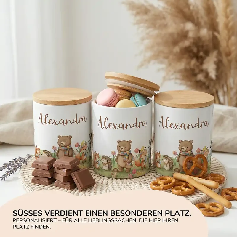 Personalisierte Keksdose Herbst-Waldtiere – Keramik & Bambus mit Wunschname