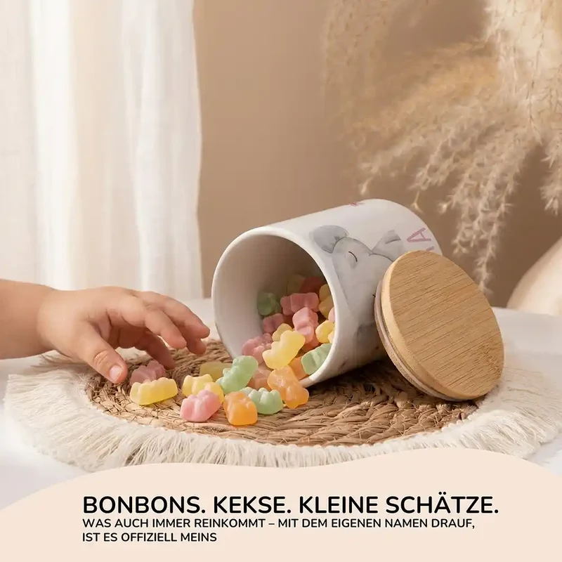 Personalisierte Keksdose Elefant Blumen – Keramik & Bambus mit Wunschname