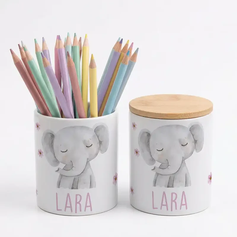 Personalisierte Keksdose Elefant Blumen – Keramik & Bambus mit Wunschname