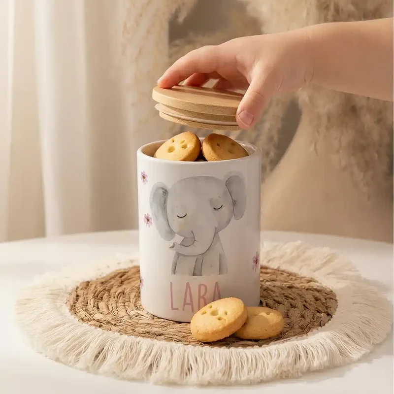 Personalisierte Keksdose Elefant Blumen – Keramik & Bambus mit Wunschname