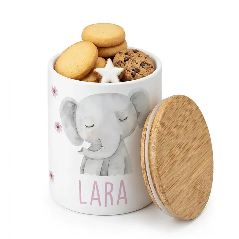 Personalisierte Keksdose Elefant Blumen – Keramik & Bambus mit Wunschname