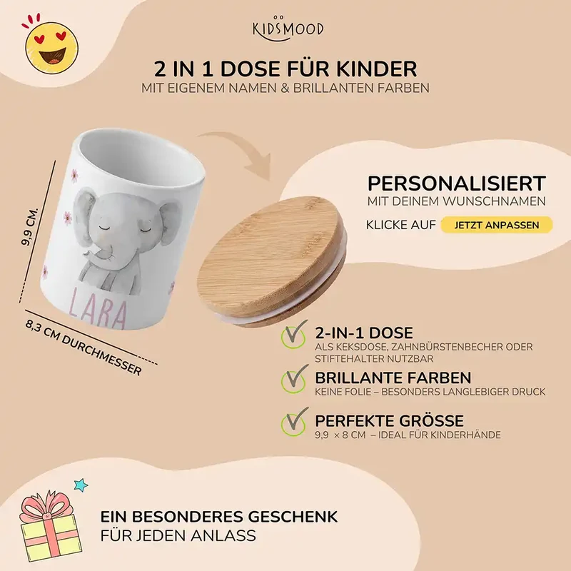 Personalisierte Keksdose Elefant Blumen – Keramik & Bambus mit Wunschname